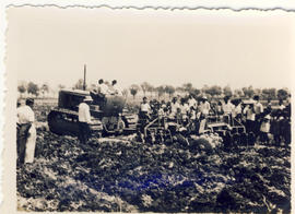 Kedungdowo (Nganjuk) demonstrasi traktor Dinas Pertanian di sawah Kedungdowo: Sdr. Kepala Japen K...