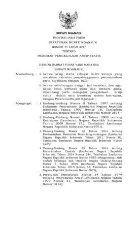 PERATURAN BUPATI NGANJUK NOMOR 44 TAHUN 2017 TENTANG PEDOMAN PENGELOLAAN ARSIP STATIS