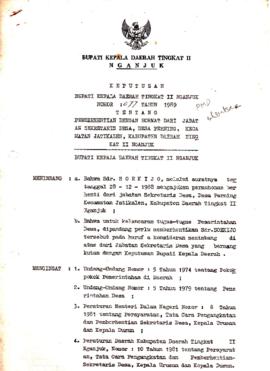 Nomor 077 Tahun 1989 Tentang Pemberhentian Dengan Hormat Dari Jabatan Sekretariat Desa, Desa Pern...