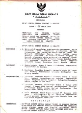 Nomor 187 Tahun 1989 Tentang Penunjukan Tim Pembina Bantuan Pembangunan dan Perbaikan Gedung Seko...